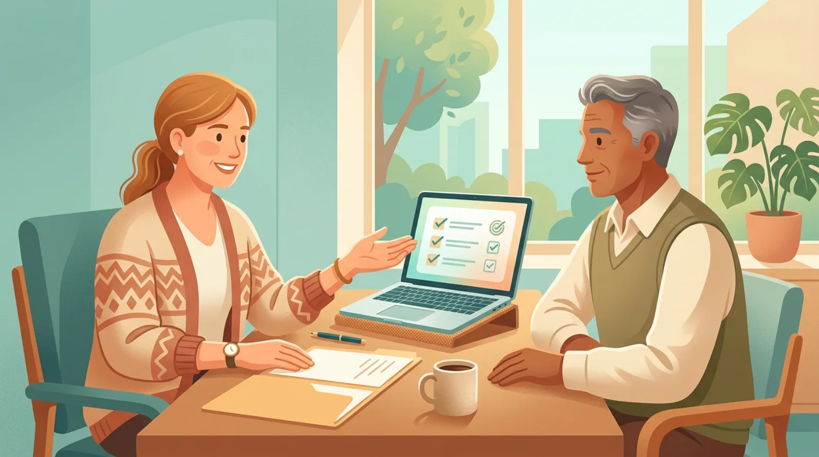 Advisor and smiling man at a bright office desk, screen showing a checklist of copay assistance programs he may qualify for
