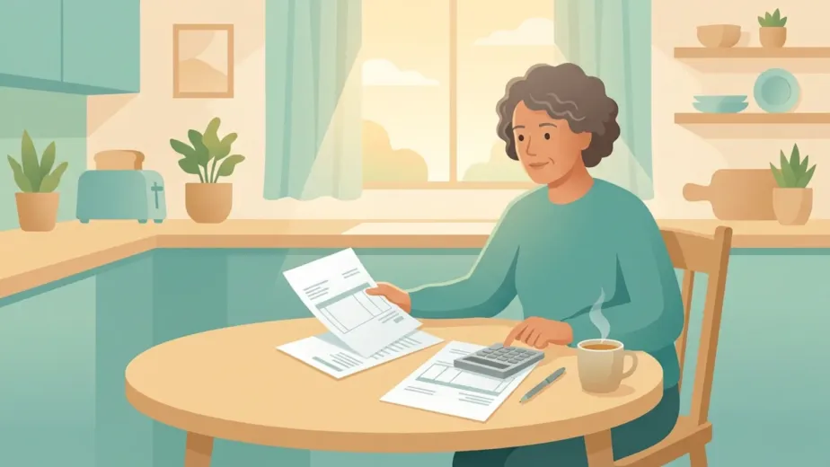 Senior woman at a kitchen table with a calculator and insurance papers, showing how much does chemotherapy cost in practice